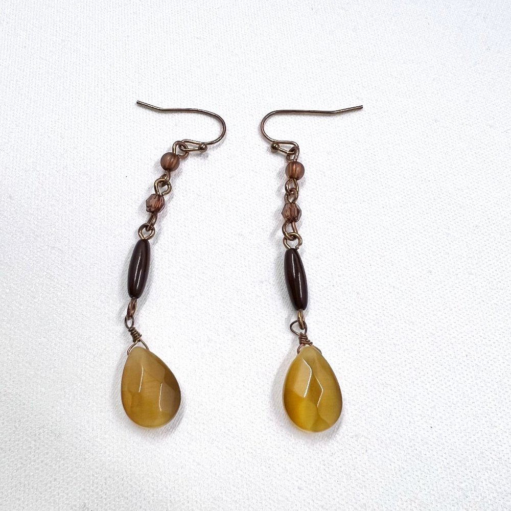 Copper Wire Cats Eye Faceted Teardrop and Wood 2.5” Dangle Earrings